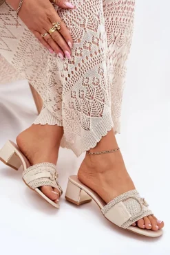 New Boto Damskie Klapki Na Obcasie Z Ozdobnym Detalem Beżowe Julinemi