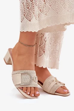 New Boto Damskie Klapki Na Obcasie Z Ozdobnym Detalem Beżowe Julinemi