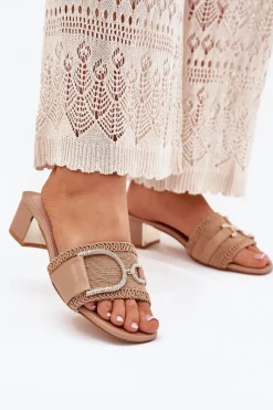 New Damskie Klapki Na Obcasie Z Ozdobnym Detalem Ciemnobeżowe Julinemi Damskie Klapki Na Obcasie|Klapki Damskie Klasyczne