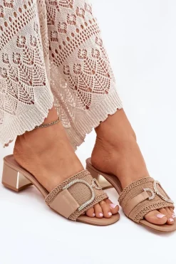 New Damskie Klapki Na Obcasie Z Ozdobnym Detalem Ciemnobeżowe Julinemi Damskie Klapki Na Obcasie|Klapki Damskie Klasyczne