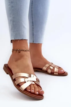 Online Evento Damskie Klapki Na Płaskim Obcasie Z Eko Skóry Złote Rosalini