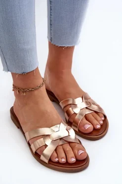 Online Evento Damskie Klapki Na Płaskim Obcasie Z Eko Skóry Złote Rosalini