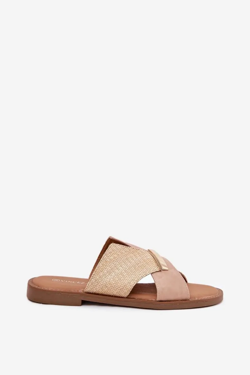 Sale Buty damskie Vinceza Damskie Klapki Na Płaskim Obcasie Z Ozdobnym Detalem Vinceza 17385 Beżowe Beżowy