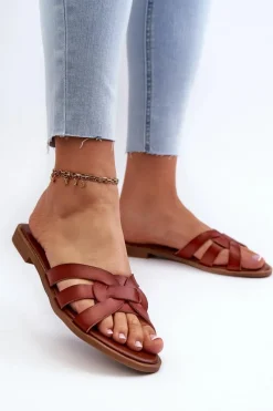 Online Damskie Klapki Na Płaskim Obcasie Z Eko Skóry Brązowe Rosalini Damskie Klapki Damskie Klasyczne