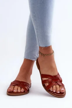 Online Damskie Klapki Na Płaskim Obcasie Z Eko Skóry Brązowe Rosalini Damskie Klapki Damskie Klasyczne