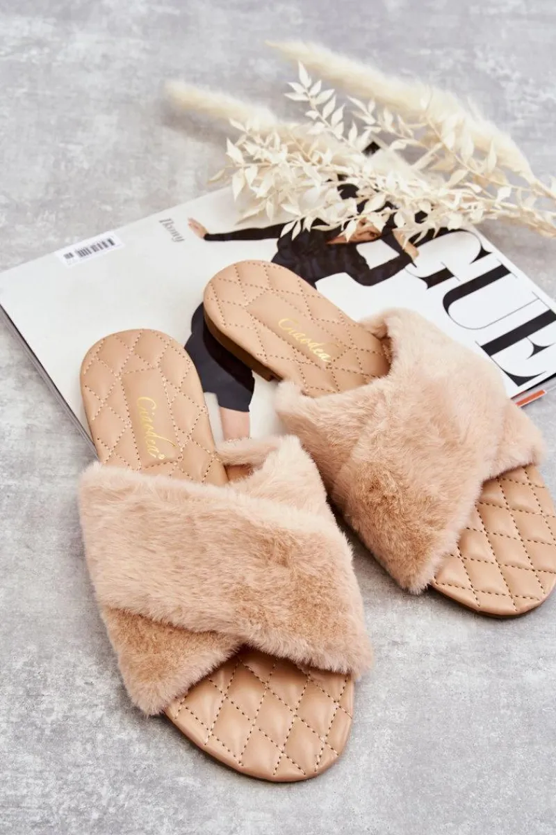 Sale Damskie Klapki Na Płaskim Obcasie Z Futerkiem Nude Lussie Damskie Klapki Z Futerkiem|Klapki Damskie Klasyczne
