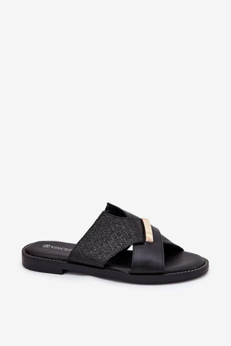Klapki Damskie Klasyczne>Buty damskie Vinceza Damskie Klapki Na Płaskim Obcasie Z Ozdobnym Detalem Vinceza 17385 Czarne Czarny