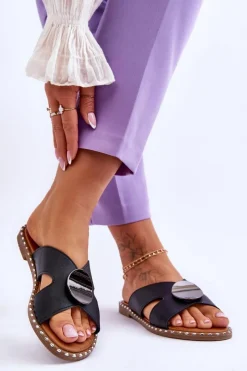 Hot Damskie Klapki Na Płaskim Obcasie Czarne Kenley Damskie Klapki Damskie Klasyczne