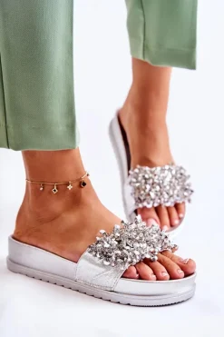Sale Damskie Klapki Na Platformie Z Ozdobami Srebrne Almina Damskie Klapki Na Koturnie|Klapki Na Obcasie
