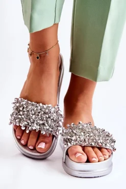 Sale Damskie Klapki Na Platformie Z Ozdobami Srebrne Almina Damskie Klapki Na Koturnie|Klapki Na Obcasie