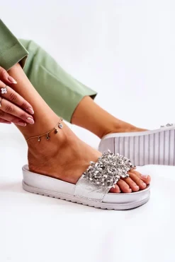 Sale Damskie Klapki Na Platformie Z Ozdobami Srebrne Almina Damskie Klapki Na Koturnie|Klapki Na Obcasie