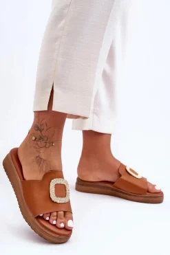 Online Damskie Klapki Na Platformie Z Ozdobą Brązowe Denicia Damskie Klapki Na Platformie|Klapki Damskie Klasyczne