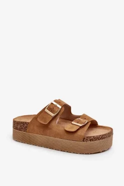 Best Boto Damskie Klapki Na Platformie Z Klamrami Camel Lolpey