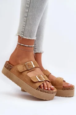 Best Boto Damskie Klapki Na Platformie Z Klamrami Camel Lolpey