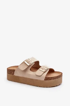 Discount Boto Damskie Klapki Na Platformie Z Klamrami Beżowe Lolpey Beżowy