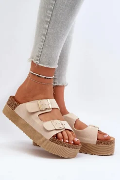 Discount Boto Damskie Klapki Na Platformie Z Klamrami Beżowe Lolpey Beżowy