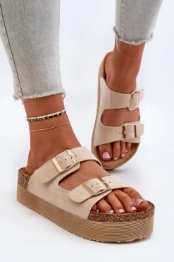 Discount Boto Damskie Klapki Na Platformie Z Klamrami Beżowe Lolpey Beżowy