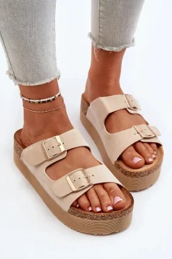 Discount Boto Damskie Klapki Na Platformie Z Klamrami Beżowe Lolpey Beżowy