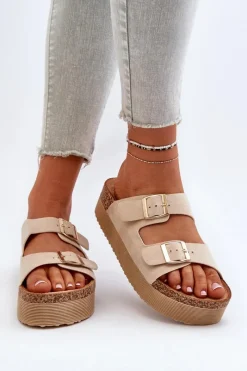 Discount Boto Damskie Klapki Na Platformie Z Klamrami Beżowe Lolpey Beżowy