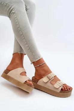 Discount Boto Damskie Klapki Na Platformie Z Klamrami Beżowe Lolpey Beżowy