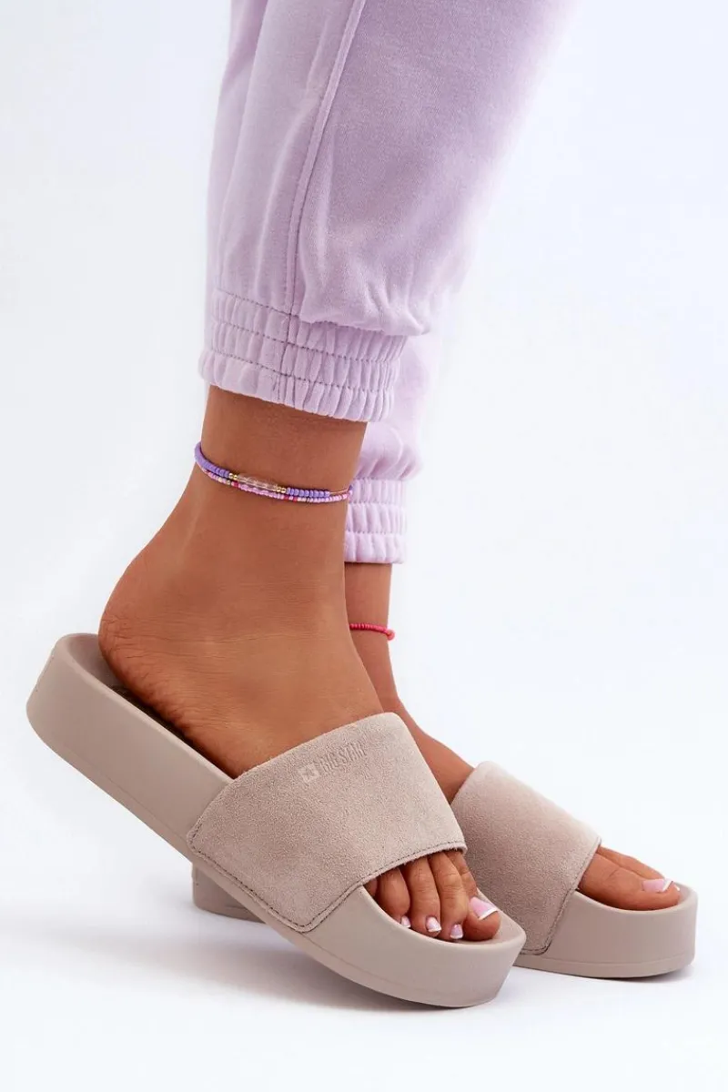 Big Star Shoes Damskie Klapki Na Platformie Zamszowe Big Star NN274A671 Beżowe Beżowy