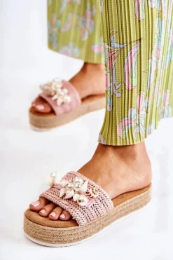 Outlet Boto Damskie Klapki Na Platformie Z Muszelkami Różowe Tolia