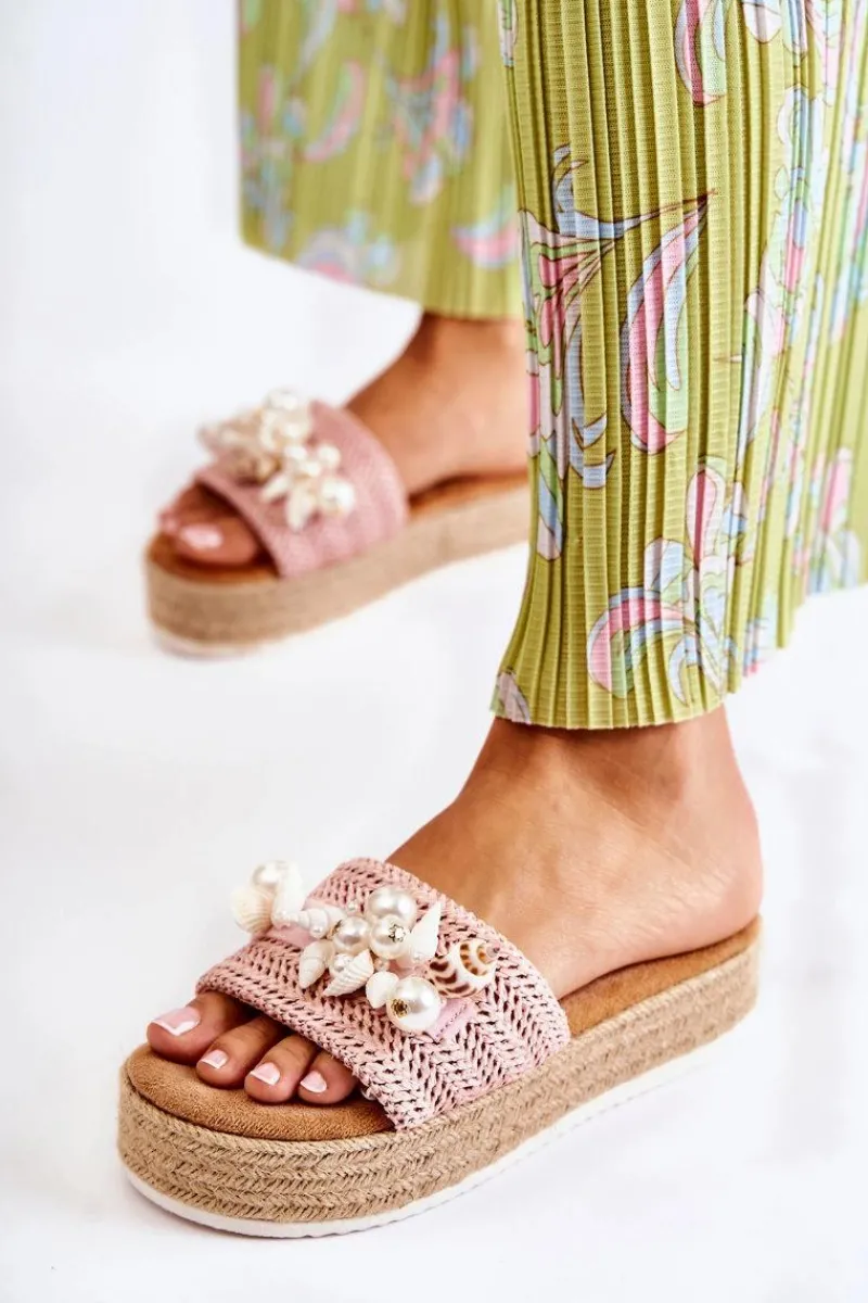 Outlet Boto Damskie Klapki Na Platformie Z Muszelkami Różowe Tolia