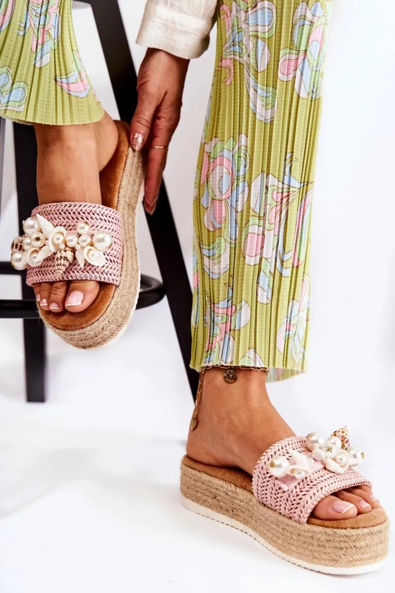 Outlet Boto Damskie Klapki Na Platformie Z Muszelkami Różowe Tolia