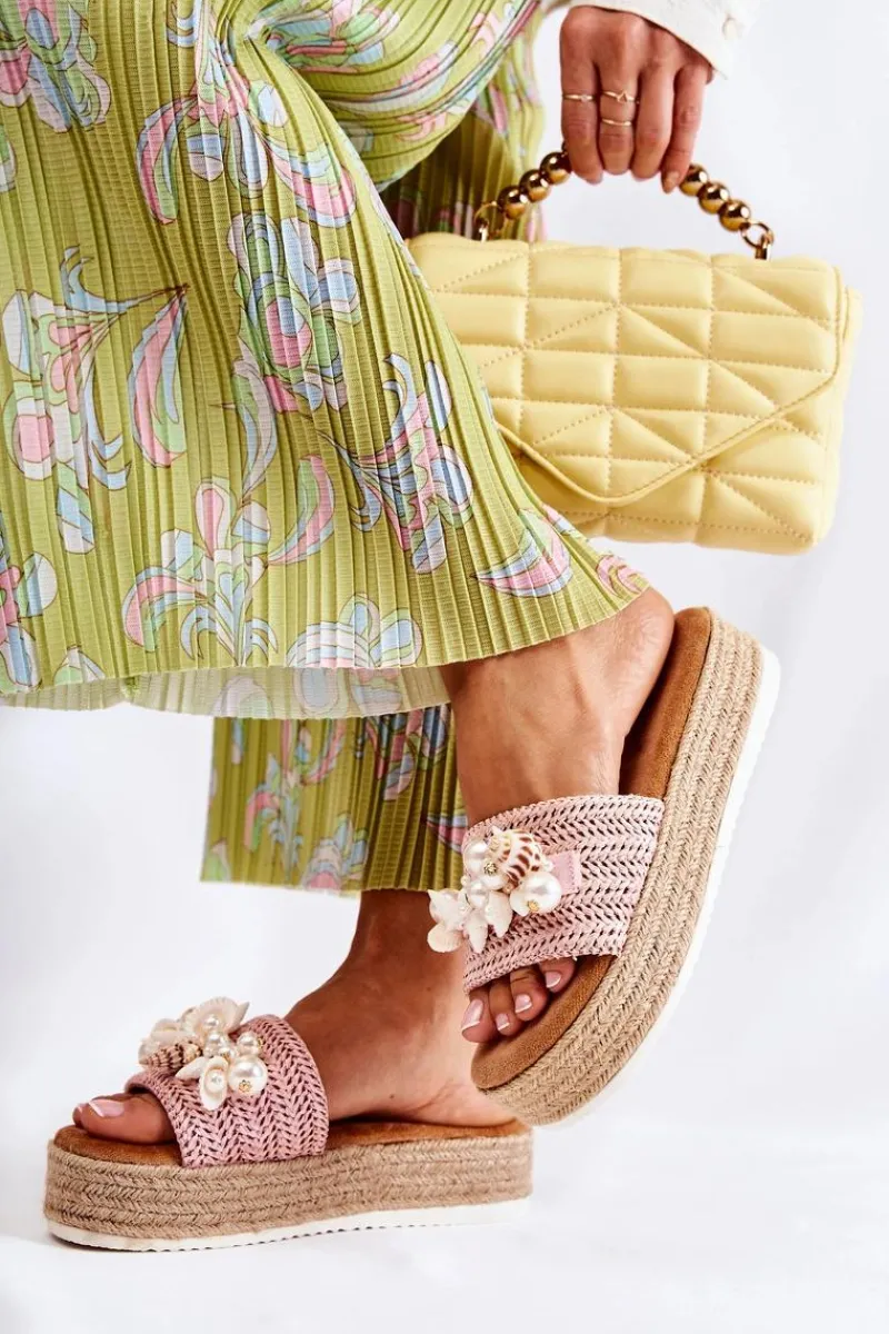 Outlet Boto Damskie Klapki Na Platformie Z Muszelkami Różowe Tolia