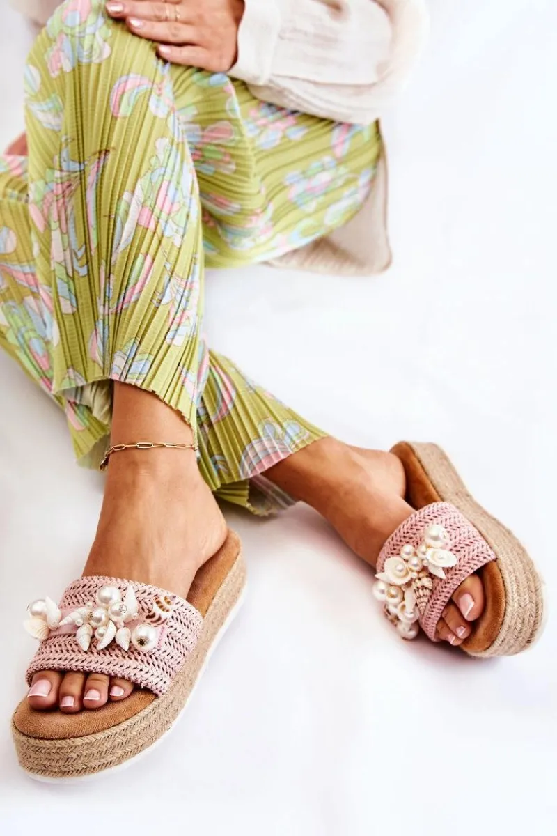 Outlet Boto Damskie Klapki Na Platformie Z Muszelkami Różowe Tolia