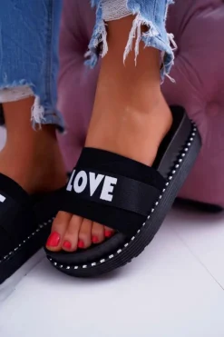 Clearance Damskie Klapki Na Platformie Z Dżetami Love Czarne MoreLove Damskie Klapki Na Platformie|Klapki Damskie Klasyczne