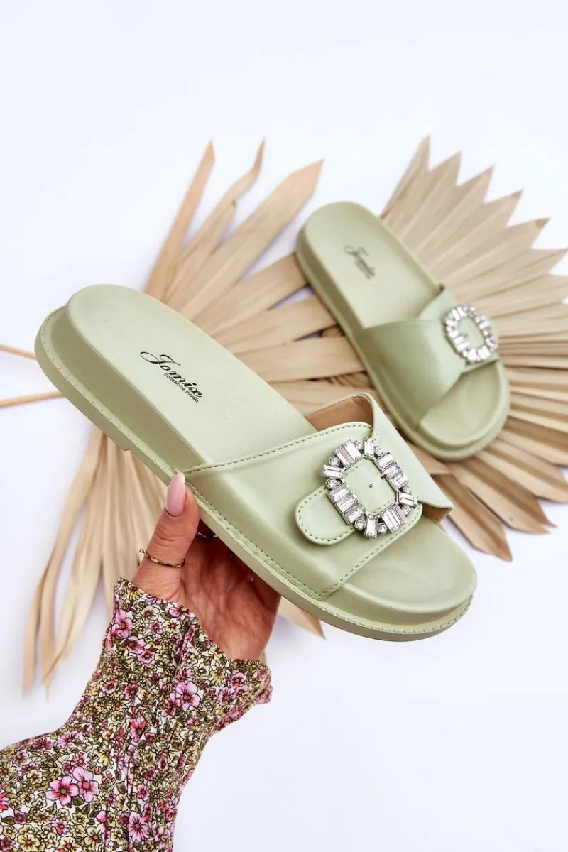 Outlet Boto Damskie Klapki Na Platformie Z Ozdobą Zielone Beneca