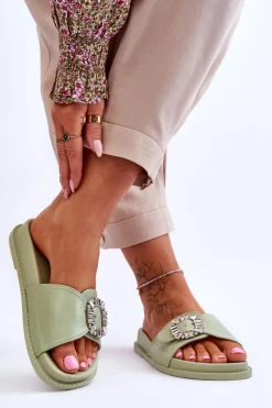 Outlet Boto Damskie Klapki Na Platformie Z Ozdobą Zielone Beneca