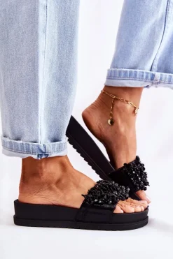Clearance Damskie Klapki Na Platformie Z Ozdobami Czarne Almina Damskie Klapki Na Koturnie|Klapki Na Obcasie