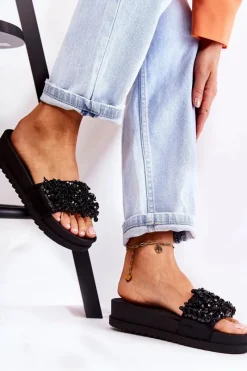 Clearance Damskie Klapki Na Platformie Z Ozdobami Czarne Almina Damskie Klapki Na Koturnie|Klapki Na Obcasie