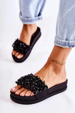 Clearance Damskie Klapki Na Platformie Z Ozdobami Czarne Almina Damskie Klapki Na Koturnie|Klapki Na Obcasie