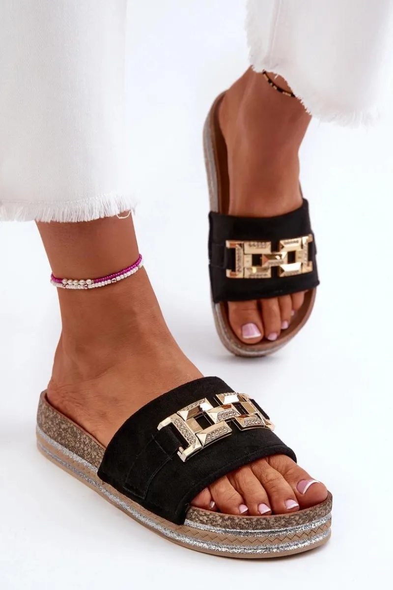 Boto Damskie Klapki Na Platformie Z Ozdobą Czarne Vapireta