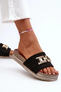 Boto Damskie Klapki Na Platformie Z Ozdobą Czarne Vapireta