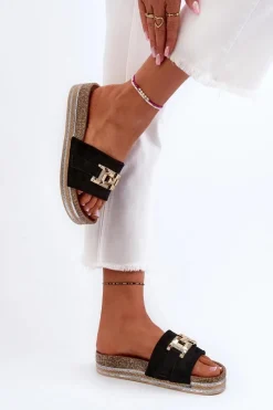 Boto Damskie Klapki Na Platformie Z Ozdobą Czarne Vapireta