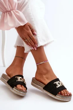 Boto Damskie Klapki Na Platformie Z Ozdobą Czarne Vapireta