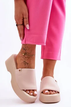 Online Evento Damskie Klapki Na Platformie Beżowe Carmela