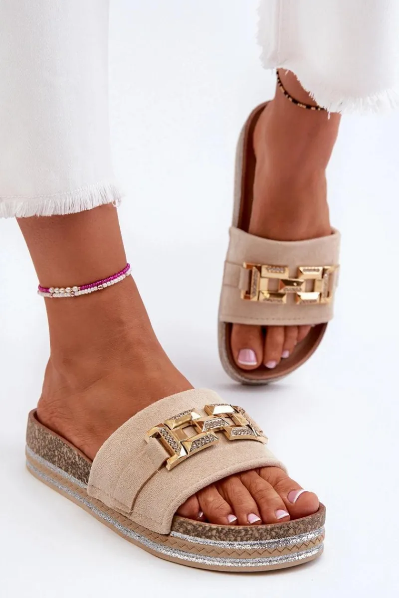 Damskie Klapki Na Platformie Z Ozdobą Beżowe Vapireta Damskie Klapki Na Platformie|Klapki Damskie Klasyczne