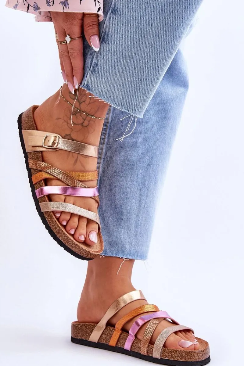 Outlet Damskie Klapki Na Platformie Z Paskami Złote Clover Damskie Klapki Na Platformie|Klapki Damskie Klasyczne