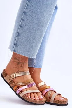 Outlet Damskie Klapki Na Platformie Z Paskami Złote Clover Damskie Klapki Na Platformie|Klapki Damskie Klasyczne