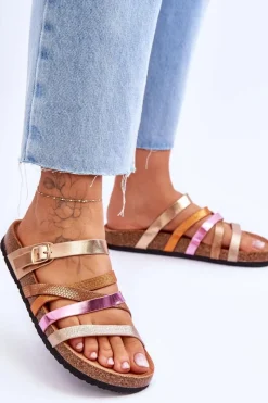 Outlet Damskie Klapki Na Platformie Z Paskami Złote Clover Damskie Klapki Na Platformie|Klapki Damskie Klasyczne