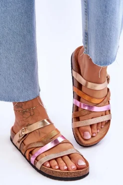 Outlet Damskie Klapki Na Platformie Z Paskami Złote Clover Damskie Klapki Na Platformie|Klapki Damskie Klasyczne