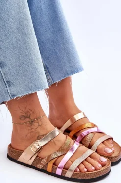 Outlet Damskie Klapki Na Platformie Z Paskami Złote Clover Damskie Klapki Na Platformie|Klapki Damskie Klasyczne