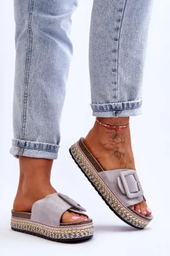 Sale Damskie Klapki Na Zdobionej Platformie Szare Joyce Damskie Klapki Na Platformie