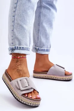 Sale Damskie Klapki Na Zdobionej Platformie Szare Joyce Damskie Klapki Na Platformie