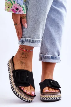 Online Damskie Klapki Na Zdobionej Platformie Czarne Joyce Damskie Klapki Na Platformie